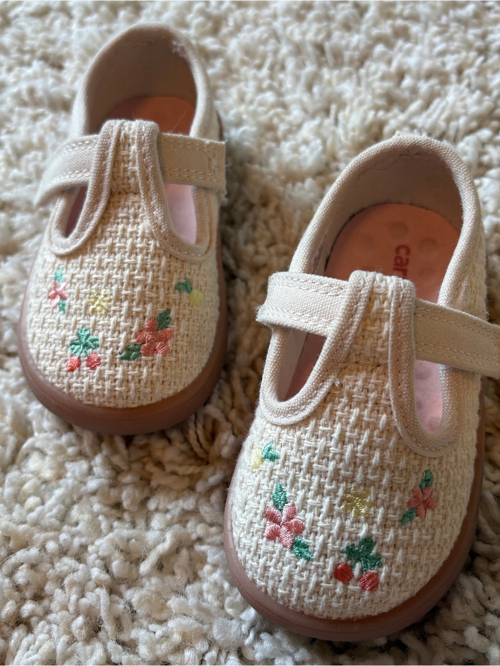 Carter’s Toddler Girls Floral Mary Jane Shoes Cream Embroidered Size 5